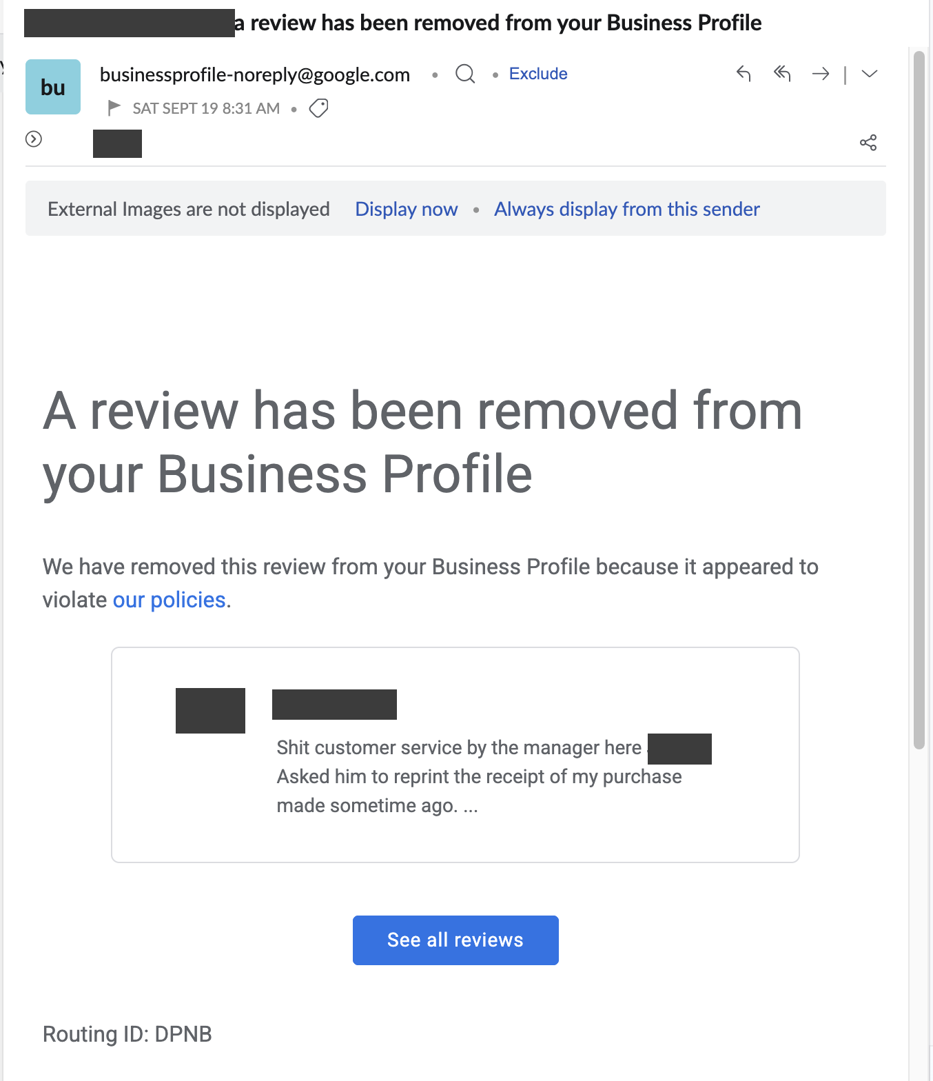 Google's email confirming the review was removed