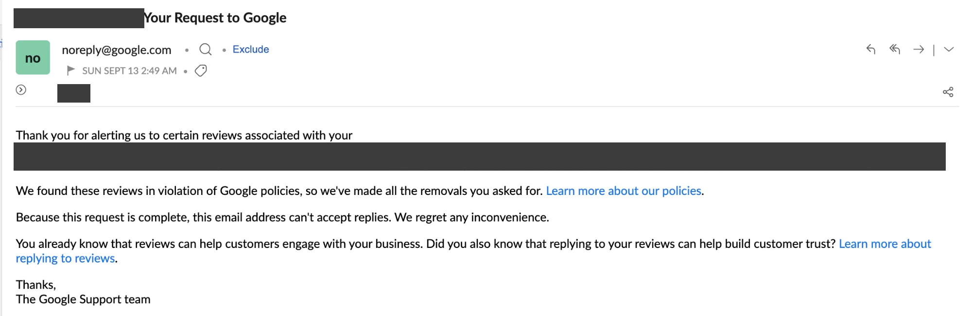 Google's email confirming the reported reviews were found in violation of Google policies and removed