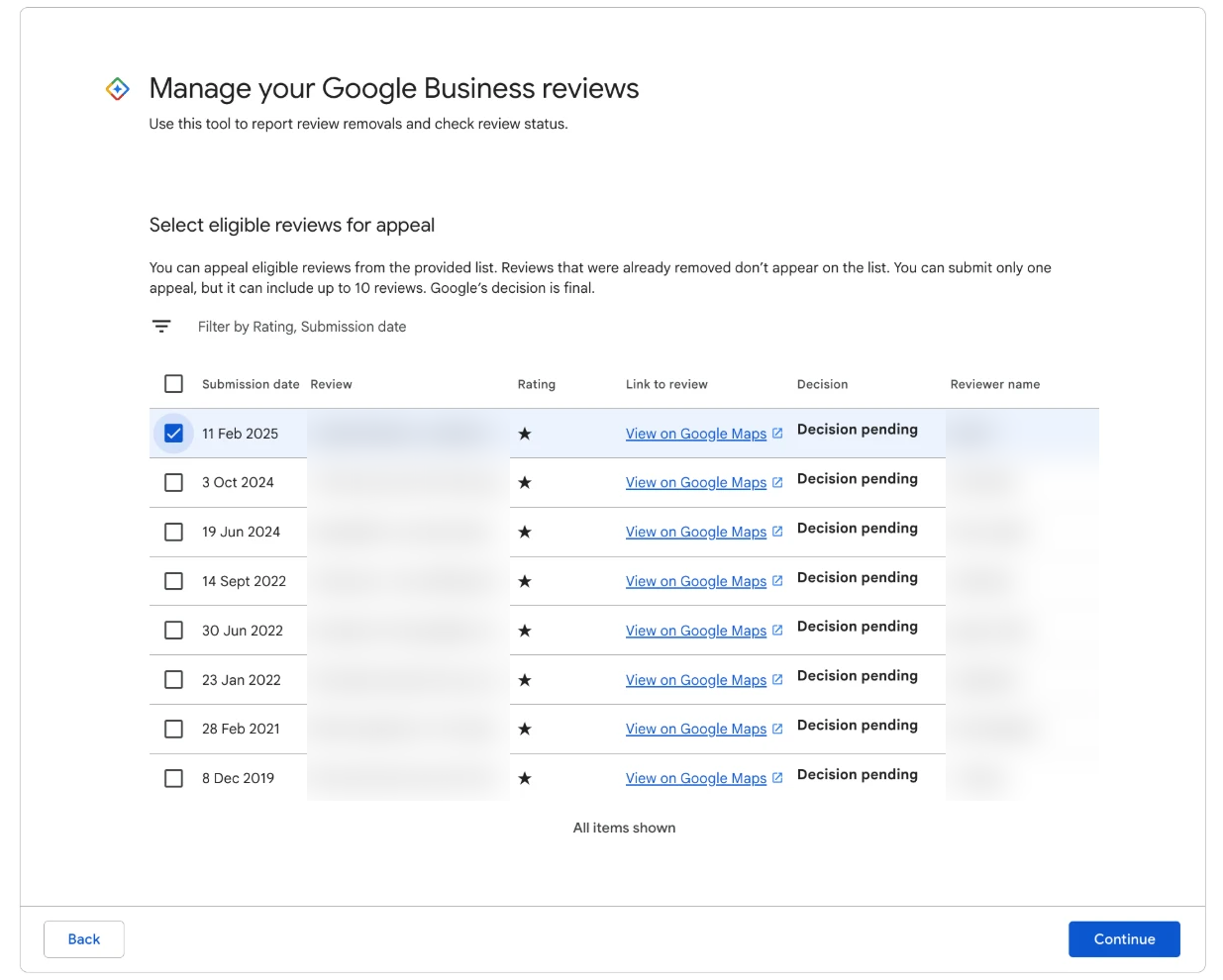 The list of reviews eligible for appeal in the Reviews Management Tool