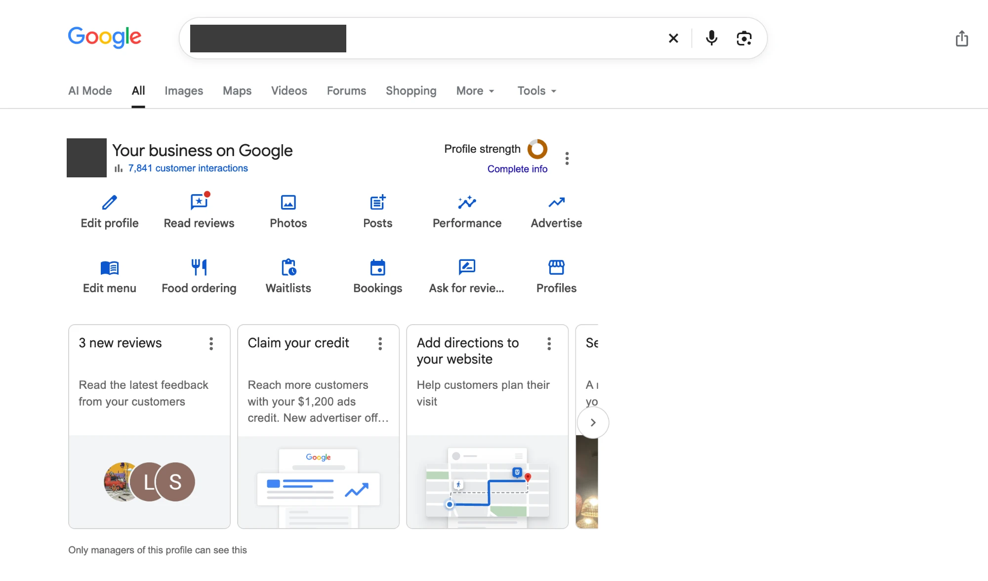 The Your business on Google panel on Search, with the Read reviews button