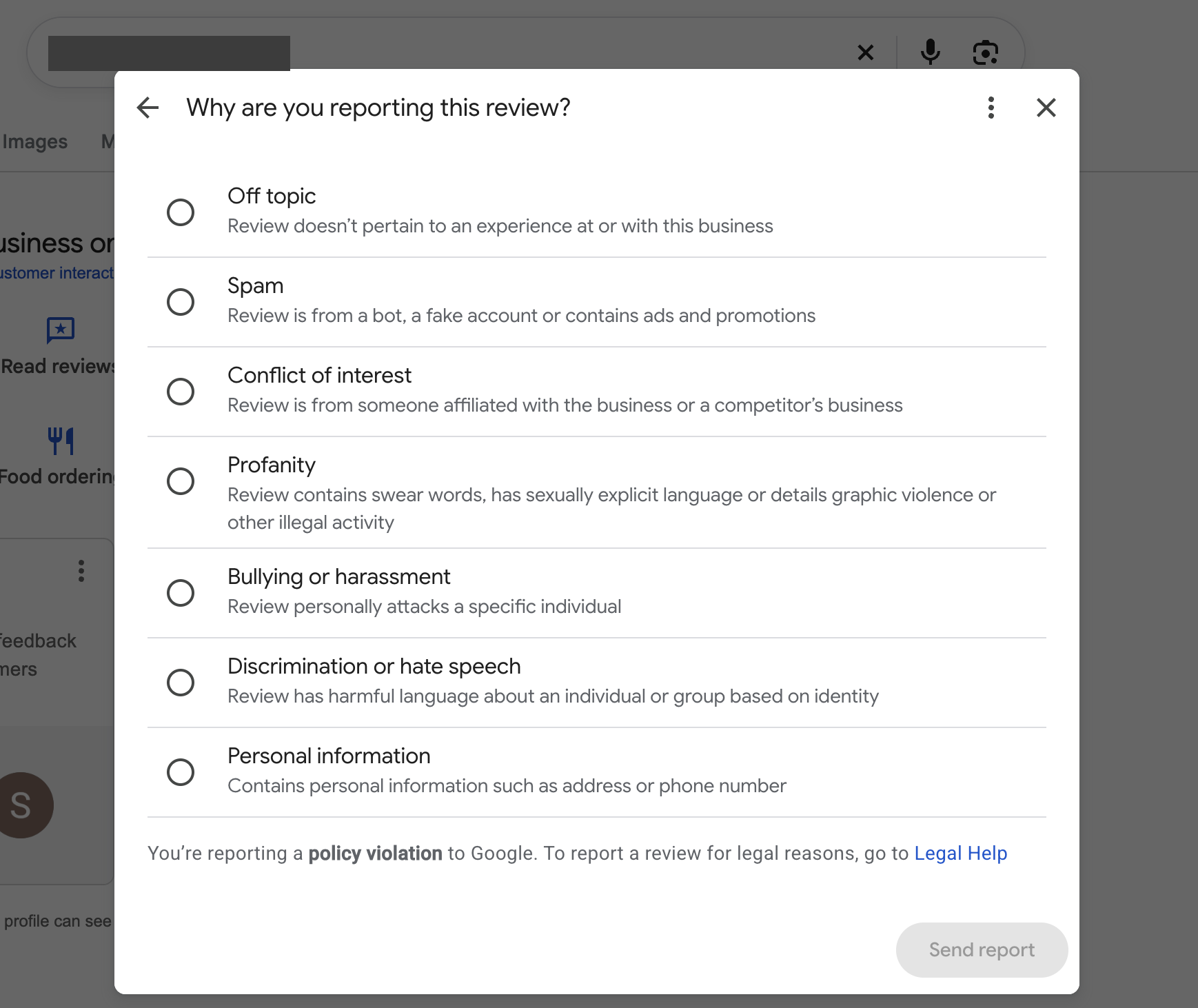 The seven report reasons offered from the business panel on Google Search