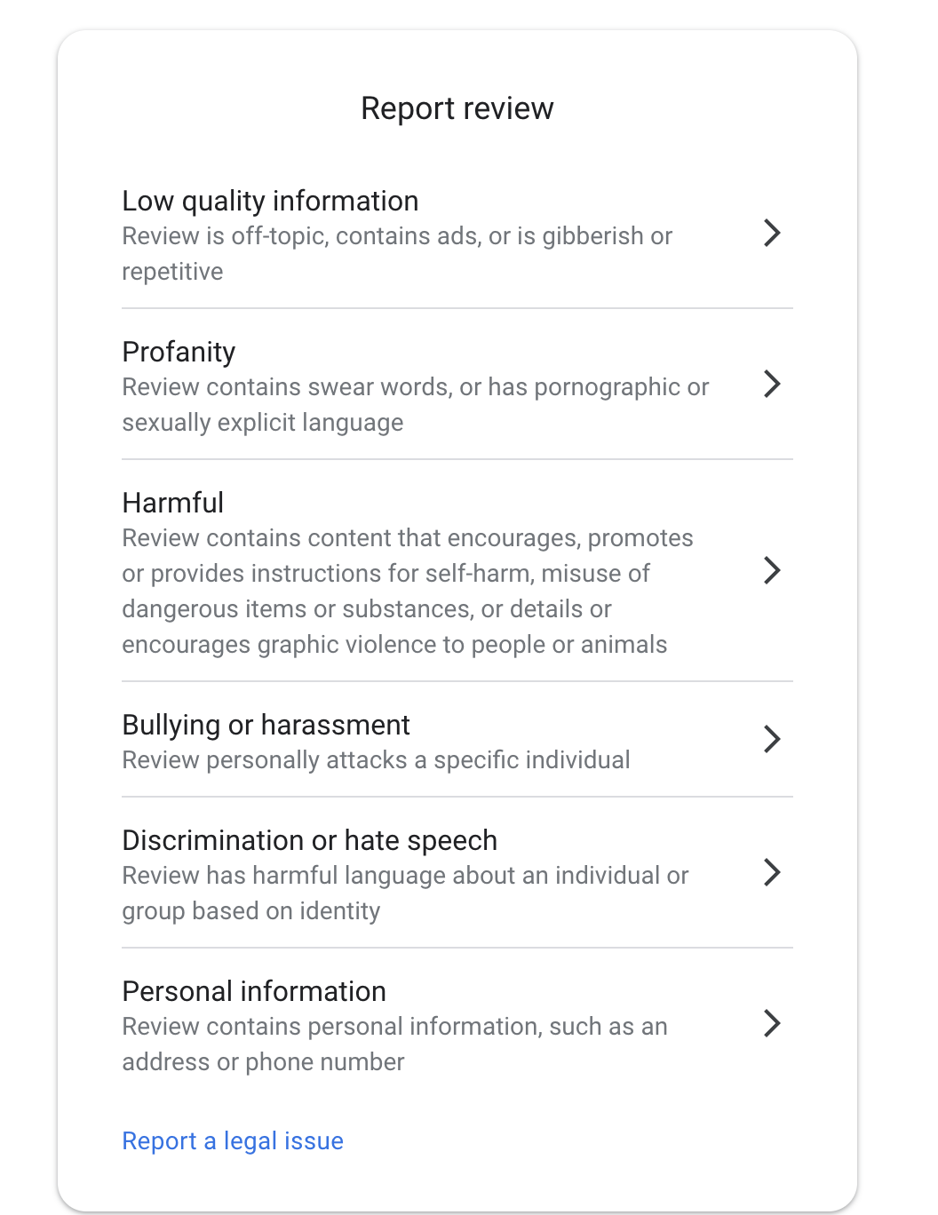 The six report reasons offered on the public listing and in the Maps app
