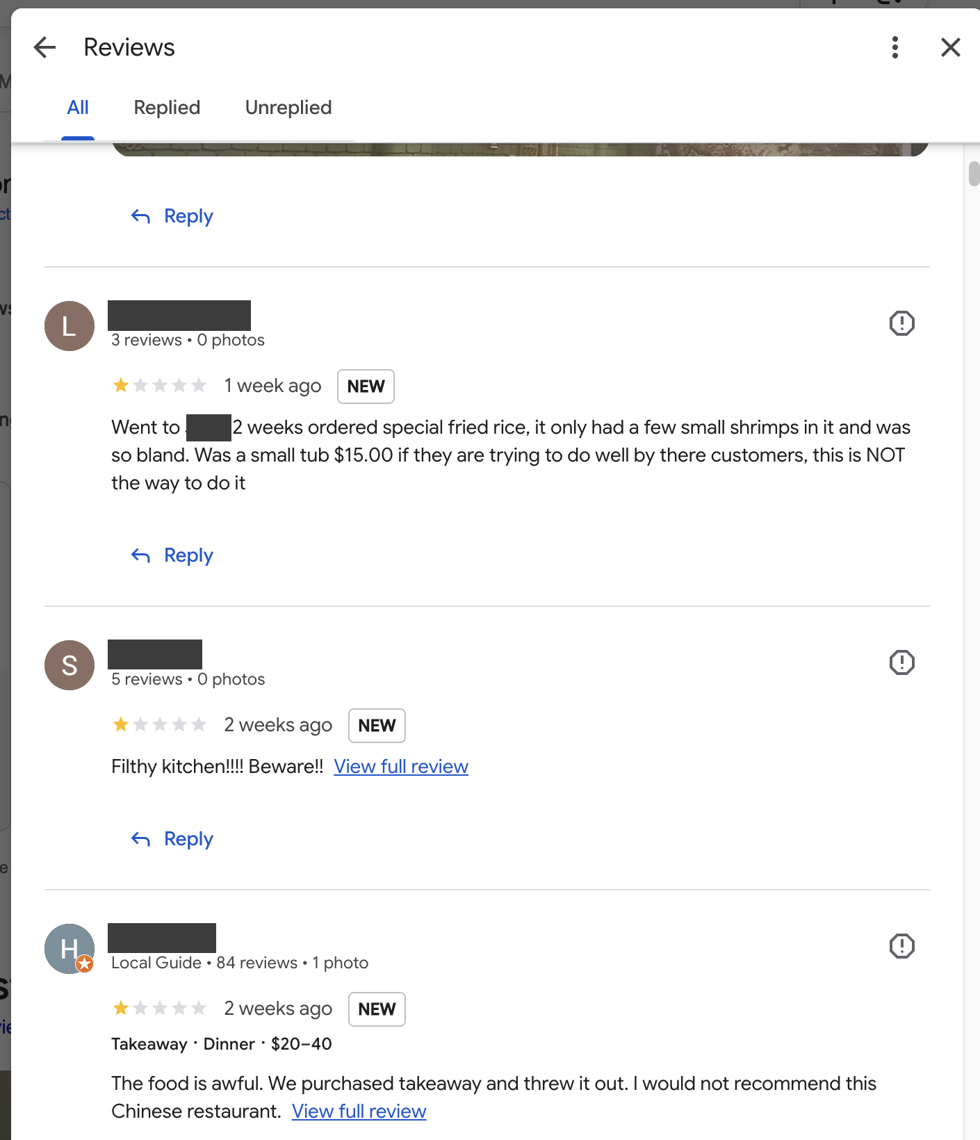 The reviews panel opened from the business panel, with a report icon at the right of each review