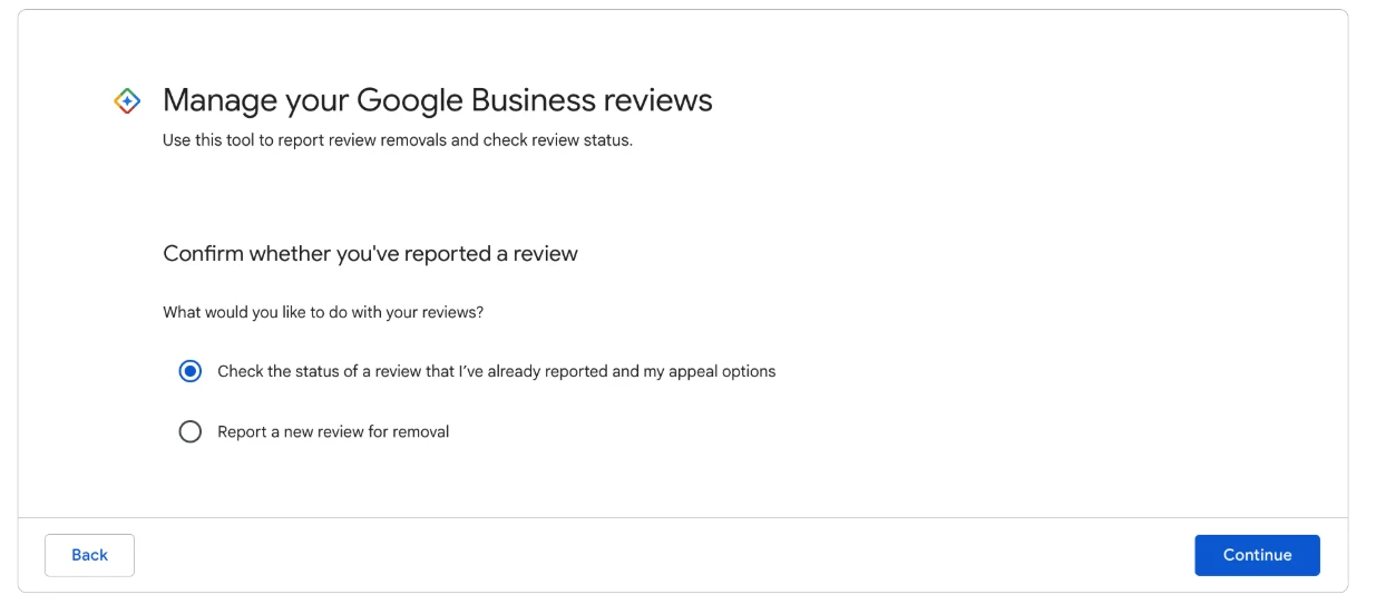 The Reviews Management Tool home screen, with two options: report a new review, or check the status of a review you reported