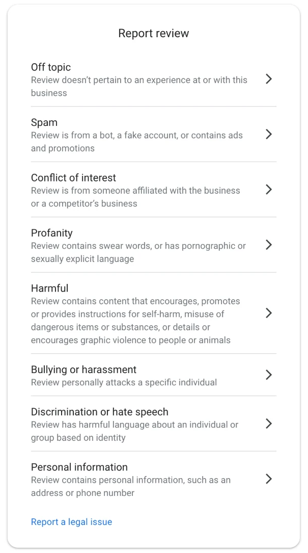 The eight report reasons offered in Google's Reviews Management Tool