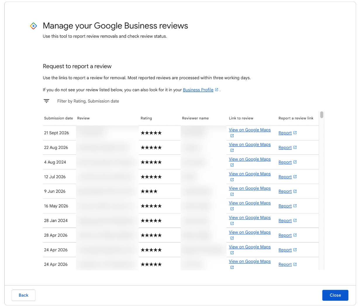 The tool's review list, with a Report link beside every review