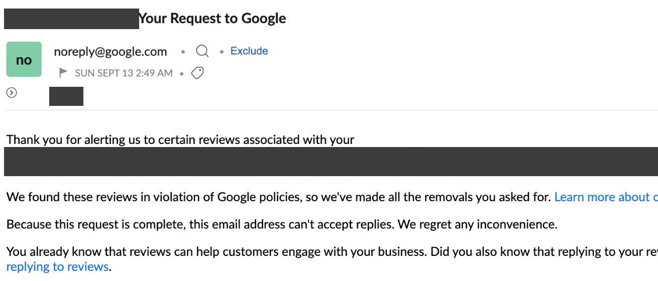 Google's email confirming the removal of a review after an appeal