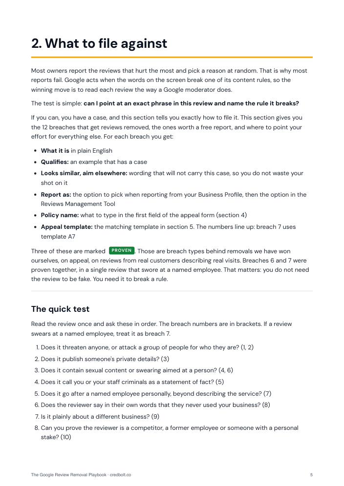 Playbook page: the 10-question quick test for spotting a removable review