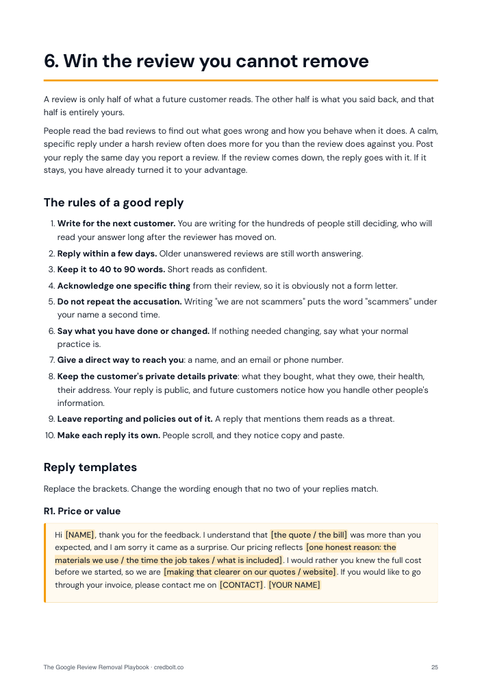 Playbook page: the rules of a good reply and the first reply template