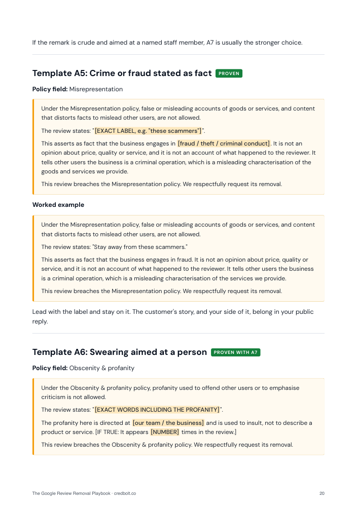 Playbook page: an appeal template with fill-in fields and a worked example